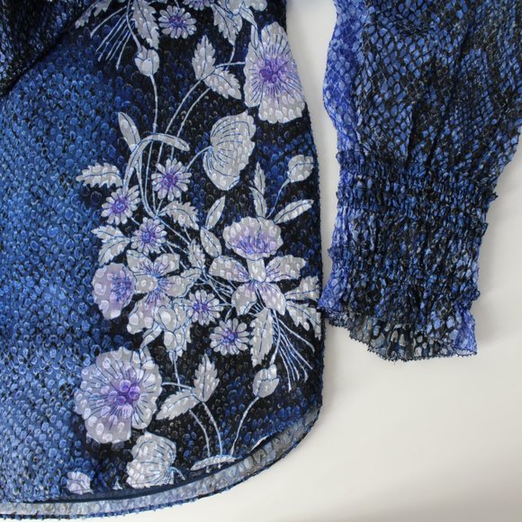 ELIE TAHARI Zeina floral and Snake Print Blouson Sleeve Blouse top blue Sz M - Picture 7 of 12